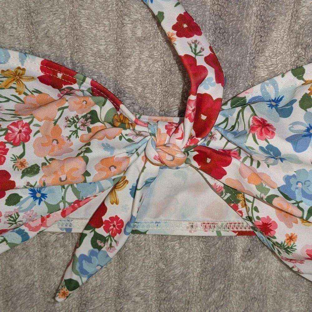 Floral Bandeau Tie Front Bikini Set Multicolor High Cut Swimsuit Large‎